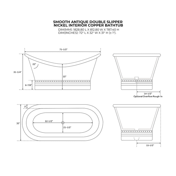Ribbed Base Smooth Double Slipper Nickel Interior Copper Bathtub
