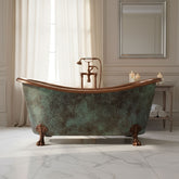 Hammered Clawfoot Copper Double Slipper Tub Blue-Green Patina Exterior