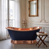 Slanting Base Copper Bathtub Copper Interior & on Base RAL5022 Night Blue Exterior