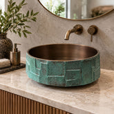 Handcrafted Geometric Relief Cast Bronze Sink with Antique Interior & Patina Exterior