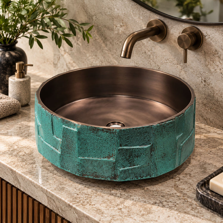 Handcrafted Geometric Relief Cast Bronze Sink with Antique Interior & Patina Exterior