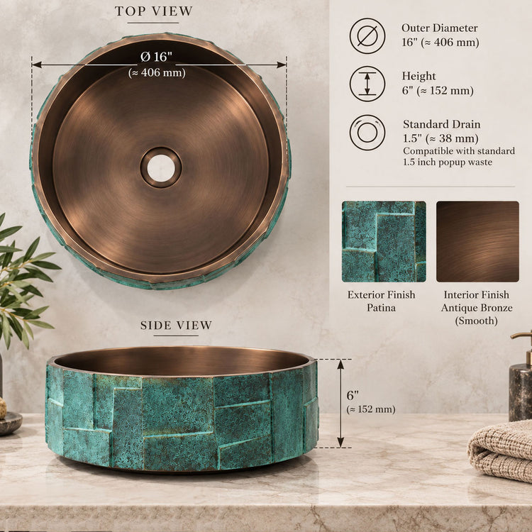 Handcrafted Geometric Relief Cast Bronze Sink with Antique Interior & Patina Exterior