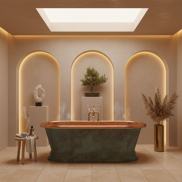 Pedestal Copper Bathtub Patina Exterior & Polished Copper Interior