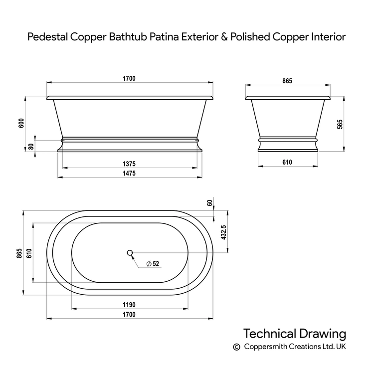 Pedestal Copper Bathtub Patina Exterior & Polished Copper Interior