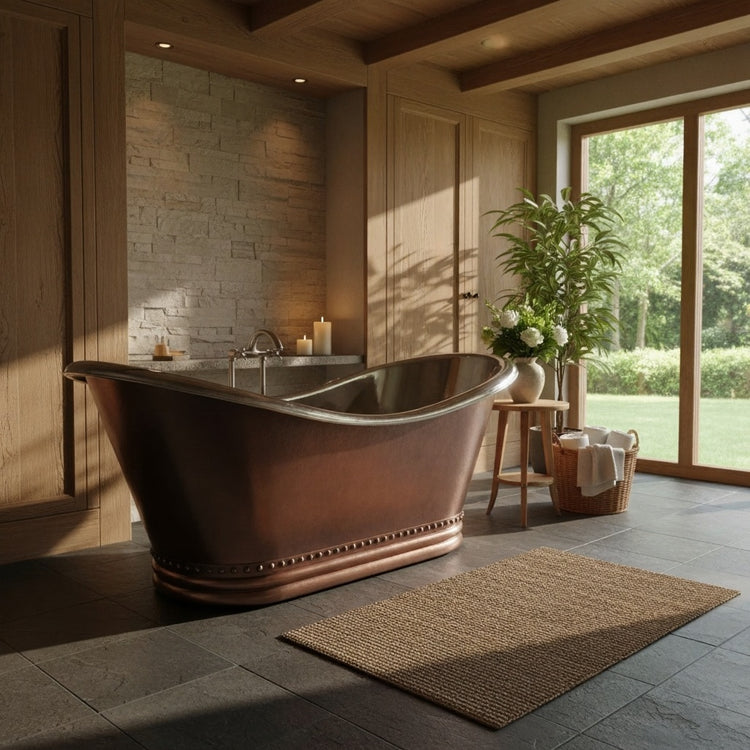 Ribbed Base Smooth Double Slipper Nickel Interior Copper Bathtub