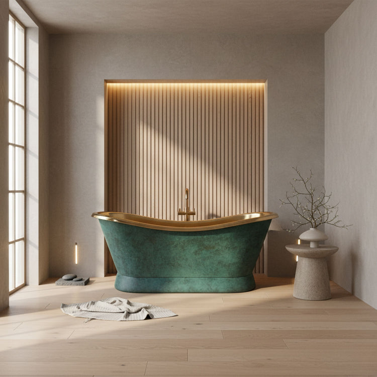 Slanting Base Brass Bathtub Polished Brass Inside & Patina Outside