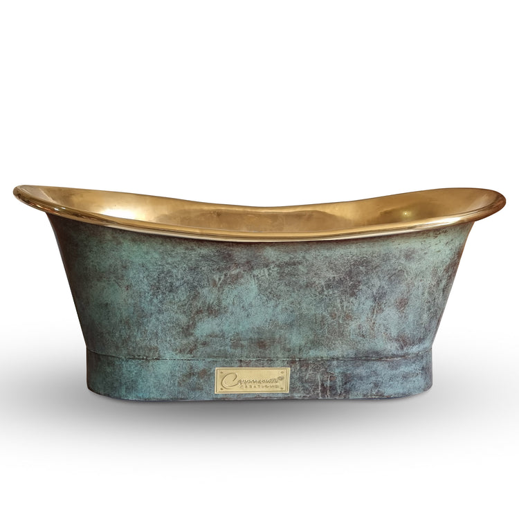 Straight Base Brass Bathtub Patina Exterior & Polished Brass Interior Finish