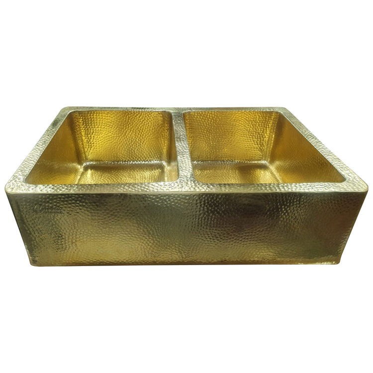 Double Bowl Hammered Front Apron Shining Brass Kitchen Sink