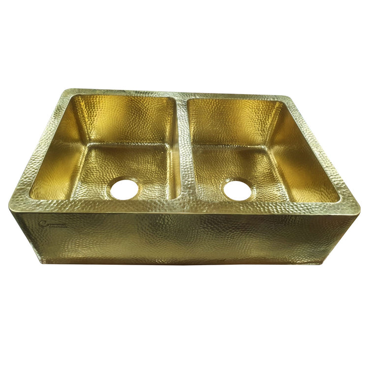 Double Bowl Hammered Front Apron Shining Brass Kitchen Sink