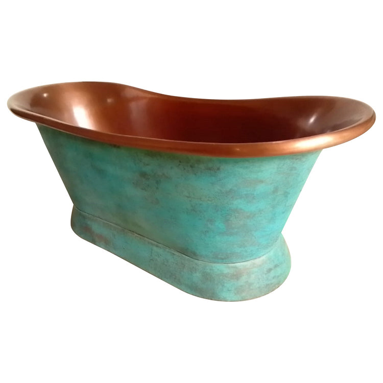 Slanting Base Copper Bathtub Copper Interior & Blue Green Patina Exterior Finish