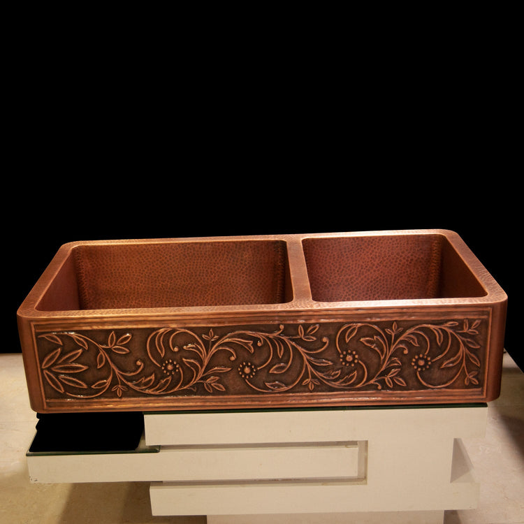Copper Kitchen Sink 60-40 Split Embossed Hammered Antique