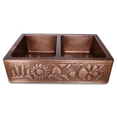 Double Bowl Sunflower Design Front Apron Copper Kitchen Sink