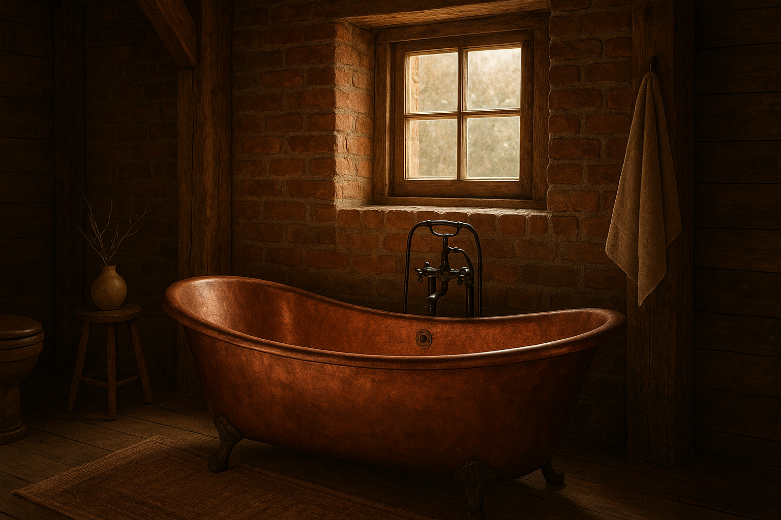 Rustic Elegance: A Vintage Copper Bathtub in a Wooden Cabin