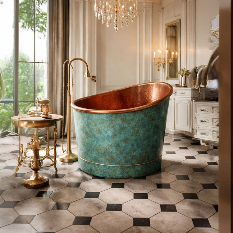 39-Inch Japanese Soaking Copper Bathtub Hammered Antique Copper Interior Blue-Green Verdigris Patina Exterior