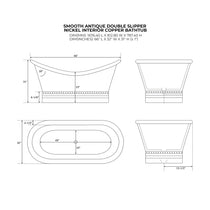 Ribbed Base Smooth Double Slipper Nickel Interior Copper Bathtub
