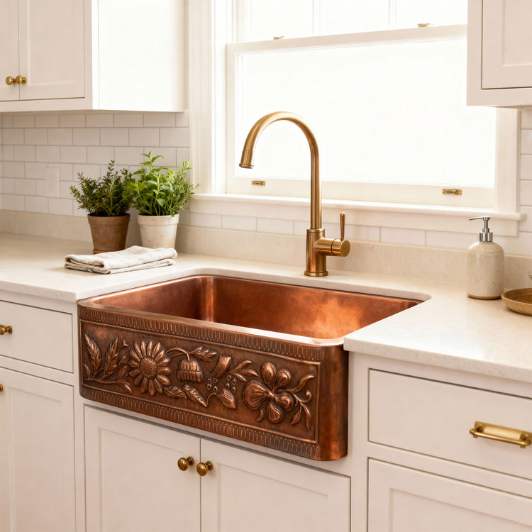 Copper Farmhouse Sink Sunflower Front Apron