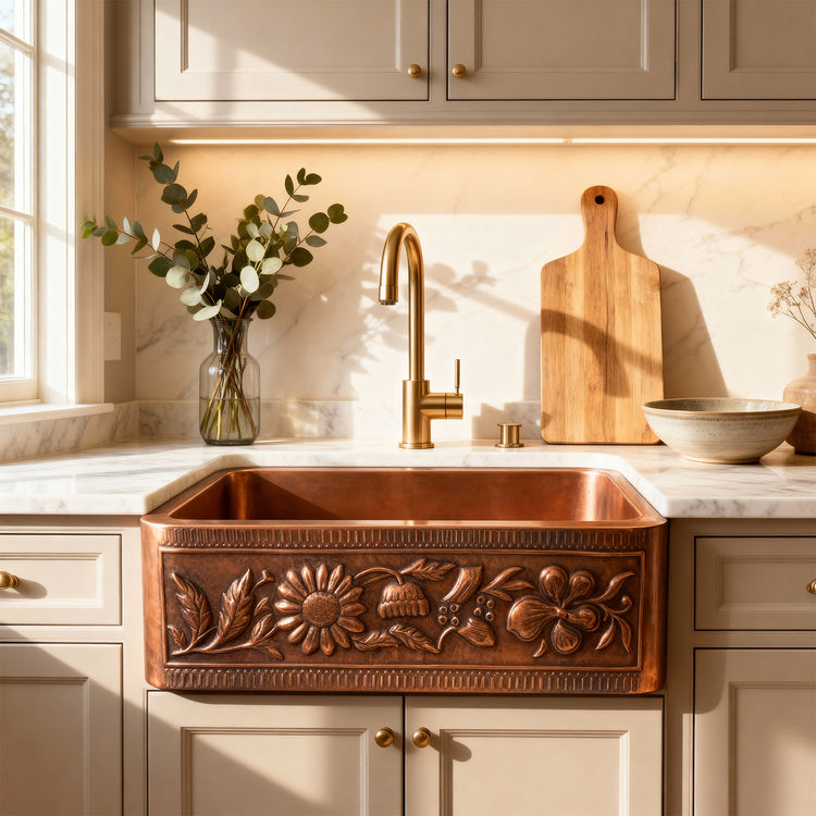 Copper Farmhouse Sink Sunflower Front Apron