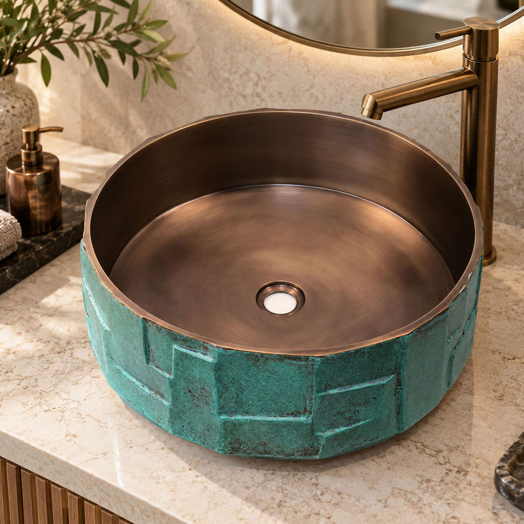 Handcrafted Geometric Relief Cast Bronze Sink with Antique Interior & Patina Exterior