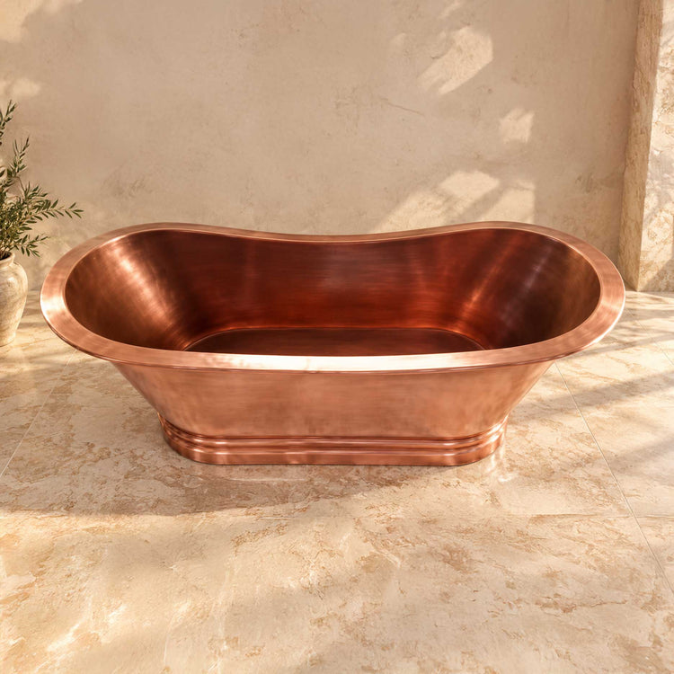 Flat Rim Freestanding Copper Bathtub Smooth Plain Medium Antique Finish Interior & Exterior