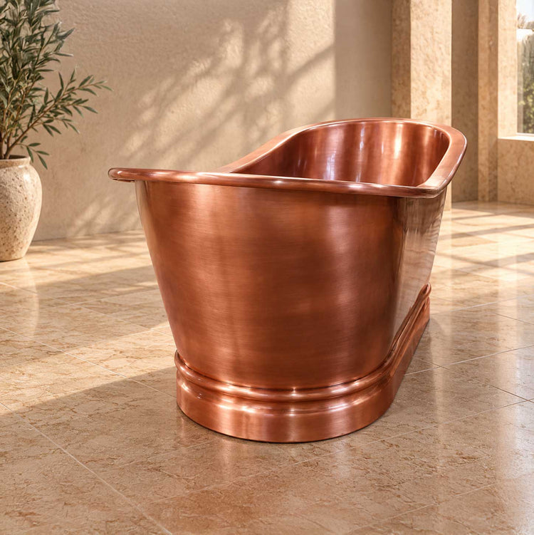 Flat Rim Freestanding Copper Bathtub Smooth Plain Medium Antique Finish Interior & Exterior