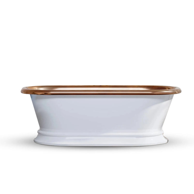 Pedestal Copper Bathtub White Powder Coated Exterior & Polished Copper Interior