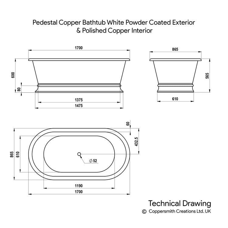 Pedestal Copper Bathtub White Powder Coated Exterior & Polished Copper Interior