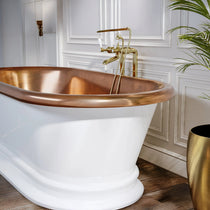 Pedestal Copper Bathtub White Powder Coated Exterior & Polished Copper Interior