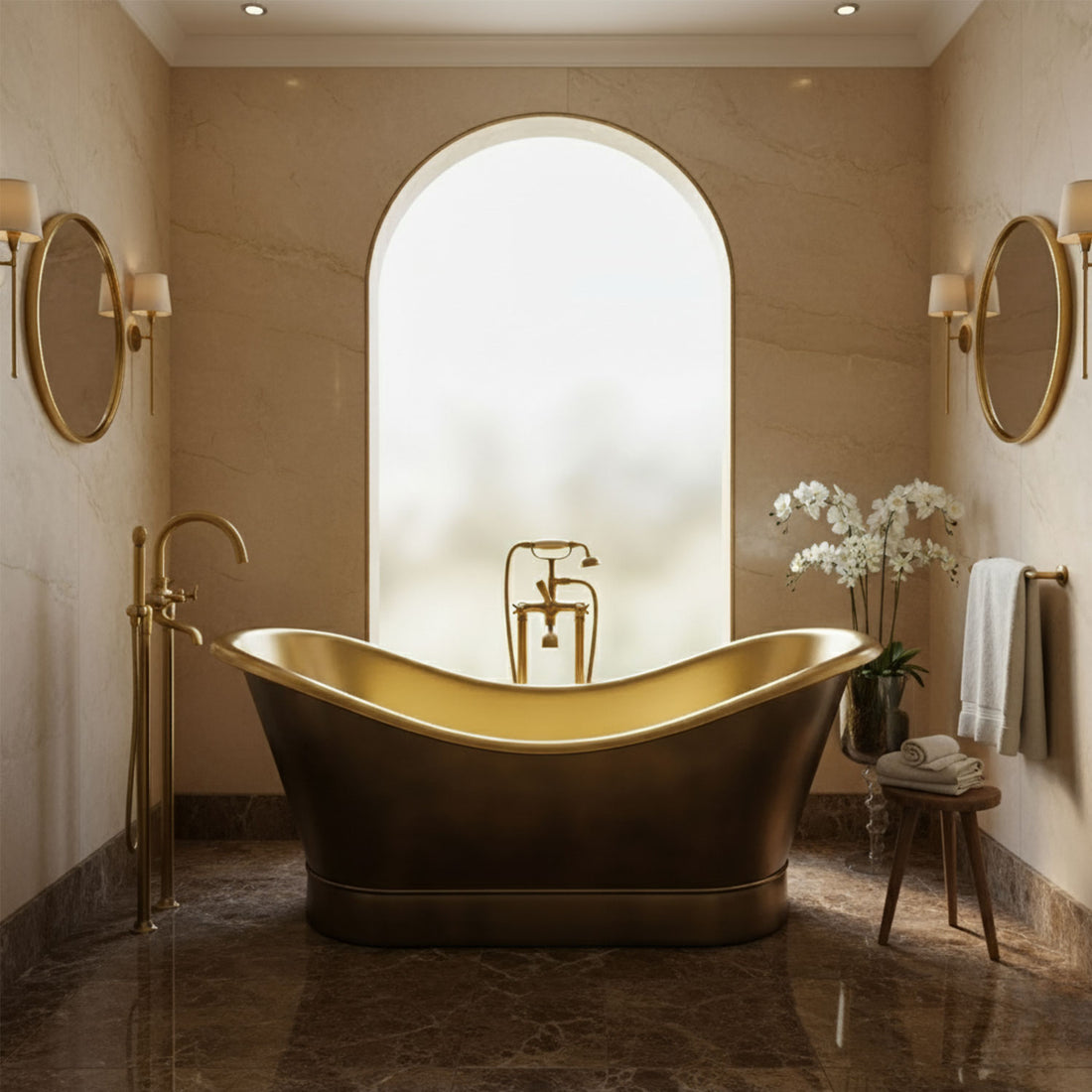 Roll Top Brass Bathtub Polished Interior & Antique Finish exterior