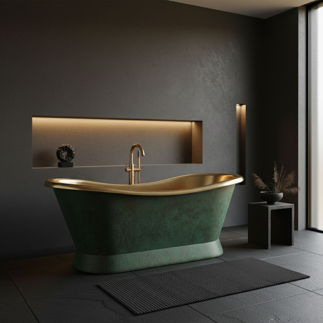 Slanting Base Brass Bathtub Polished Brass Inside & Patina Outside