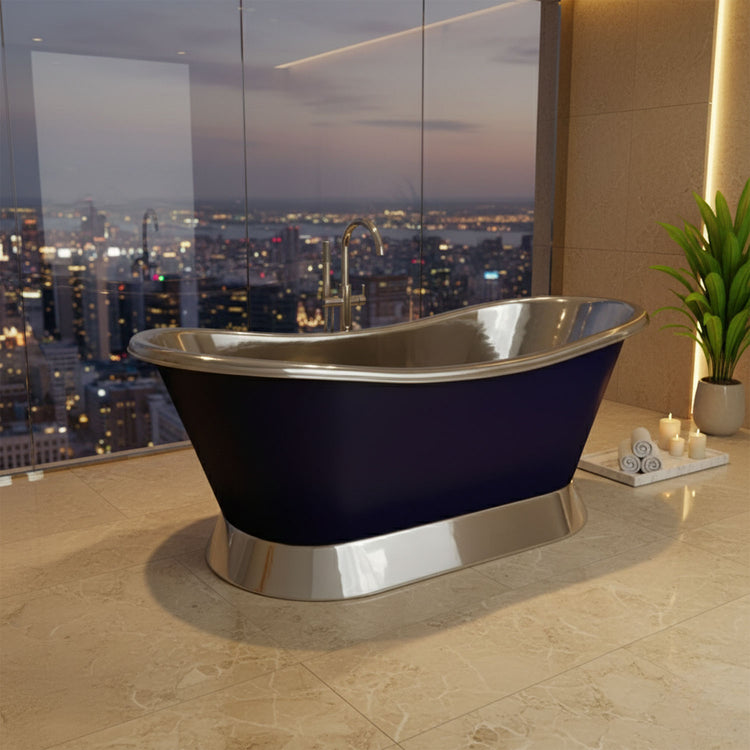Slanting Base Copper Bathtub Nickel Inside & on Base RAL5022 Night Blue Outside