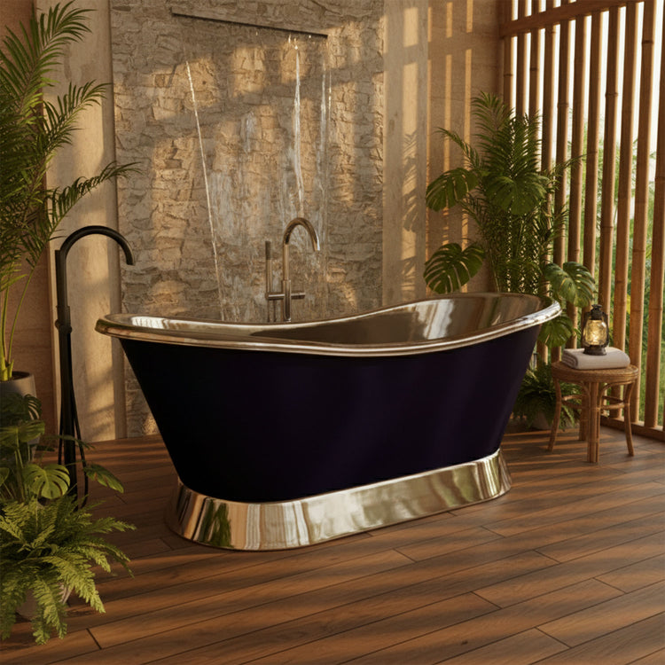 Slanting Base Copper Bathtub Nickel Inside & on Base RAL5022 Night Blue Outside