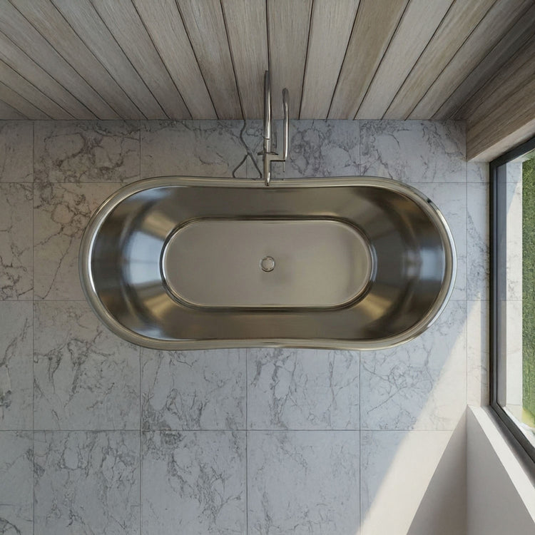 Slanting Base Stainless Steel Bathtub Weathered Patina Exterior