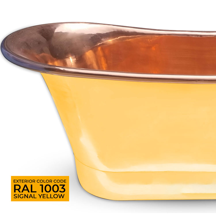 Straight Base Copper Bathtub Polished Copper Interior & RAL 1003 Signal Yellow Exterior