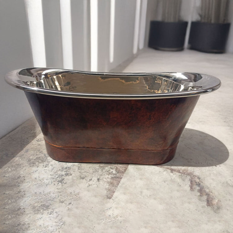 Straight Base Copper Bathtub Nickel Inside & Weathered Antique Finish Copper Outside