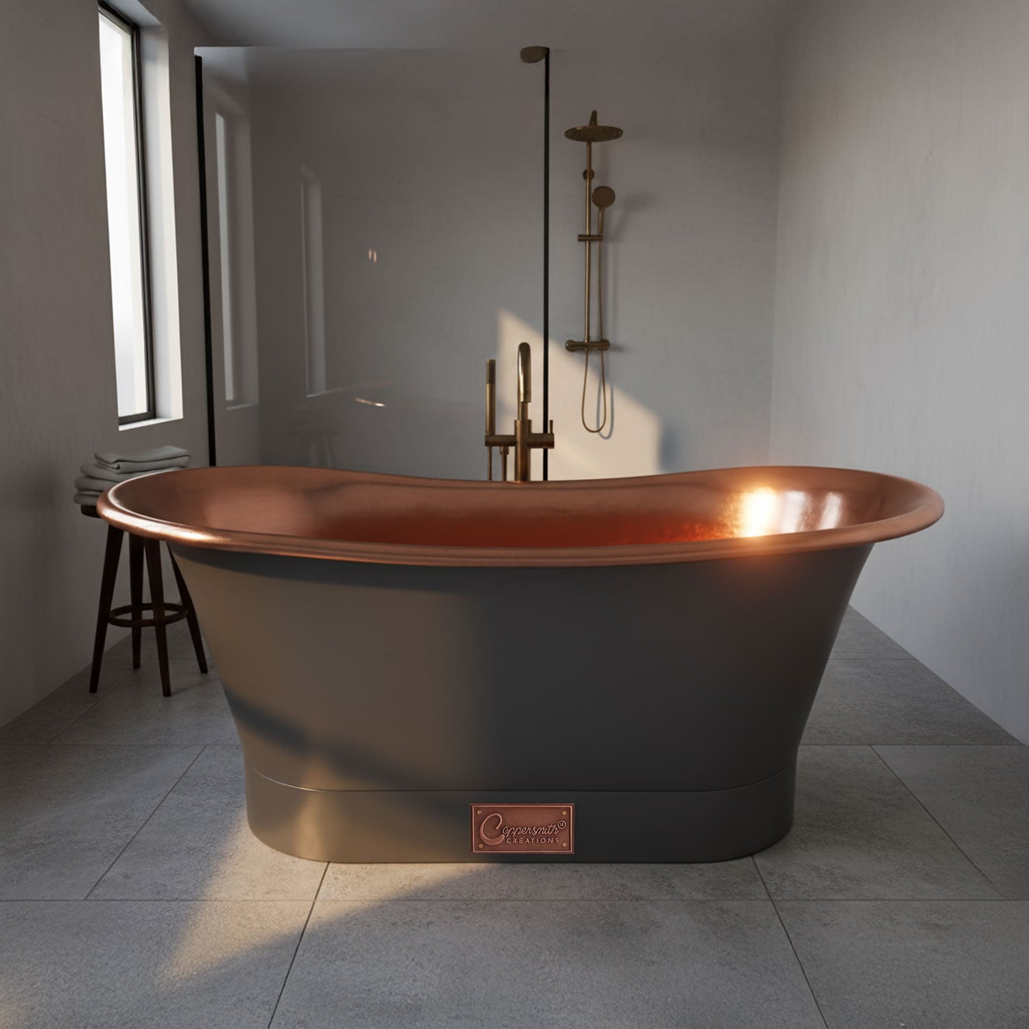 Straight Base Copper Bathtub Polished Copper Interior & RAL7021 Black ...