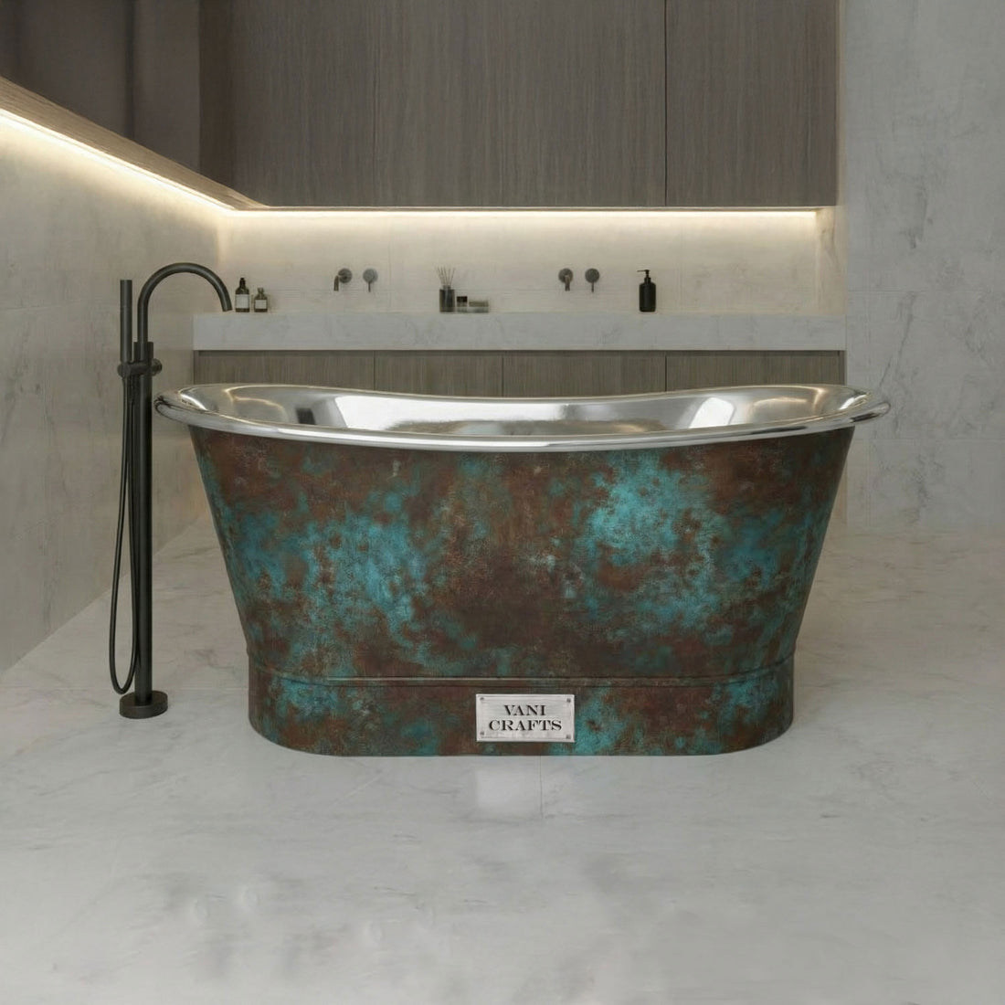 Straight Base Stainless Steel Bathtub Weathered Patina Exterior Finish