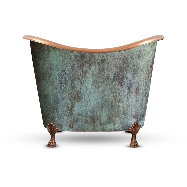 Clawfoot Bathtub Hammered Copper Double-Slipper Blue-Green Patina Exterior Soaking Tub 48-inch