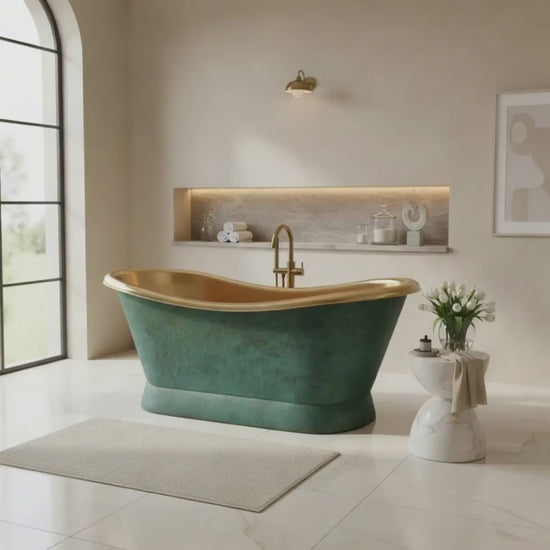 Slanting Base Brass Bathtub Polished Brass Inside & Patina Outside