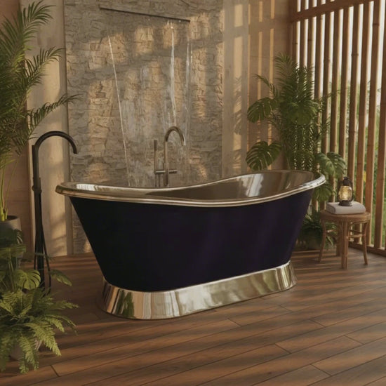 Slanting Base Copper Bathtub Nickel Inside & on Base RAL5022 Night Blue Outside