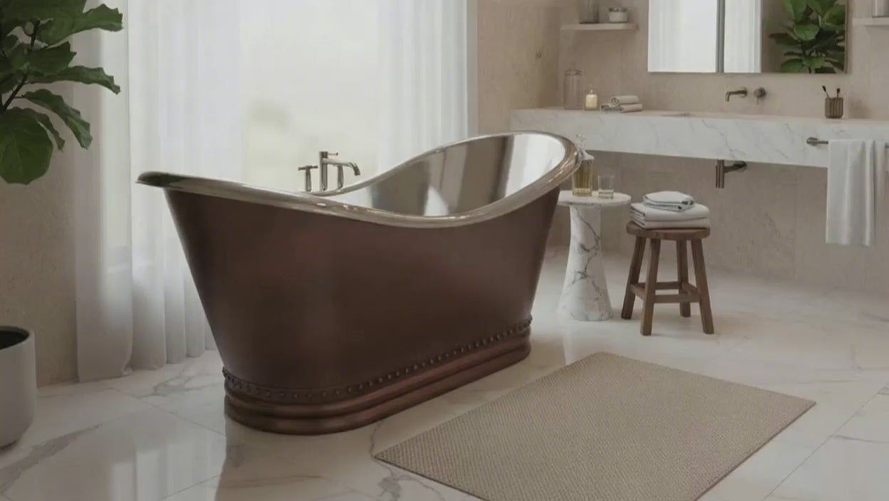 Ribbed Base Smooth Double Slipper Nickel Interior Copper Bathtub