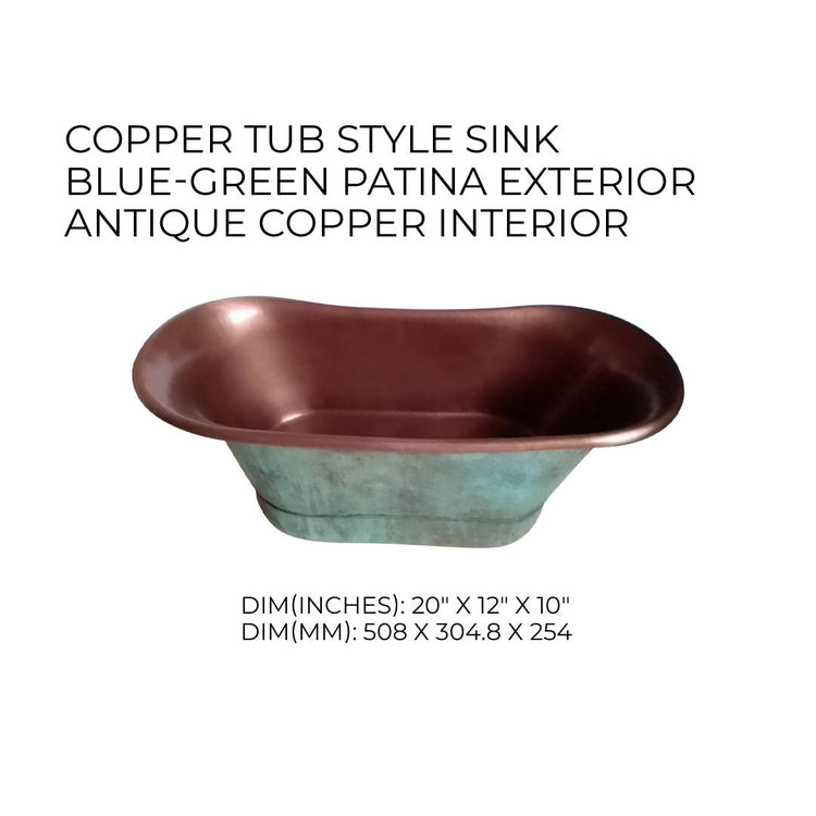 Copper Tub Style Sink Blue Green Patina Exterior Antique Copper Interior