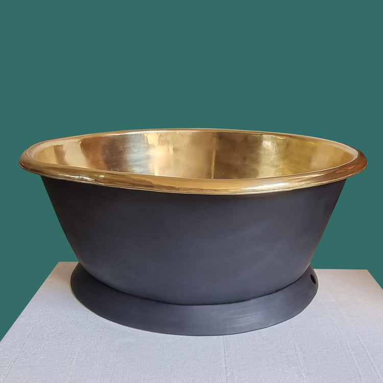 Round Brass Bathtub Matt Black Exterior & Polish Brass Interior