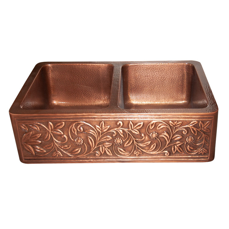 Double Bowl Copper Kitchen Sink Embossed Front Apron Hammered Antique Finish