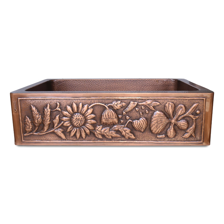 Single Bowl Sunflower Design Front Apron Copper Kitchen Sink