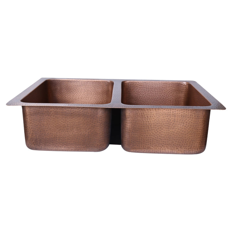 Double Bowl Single Wall Copper Kitchen Sink Hammered Antique Finish (without front apron)