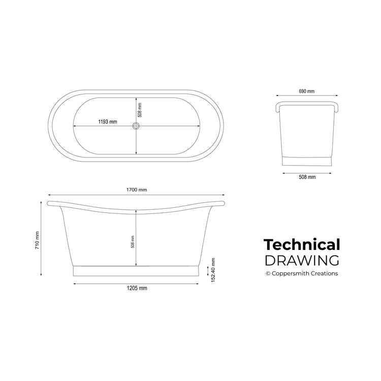 Straight Base Copper Bathtub Tin Inner & Outer Coating