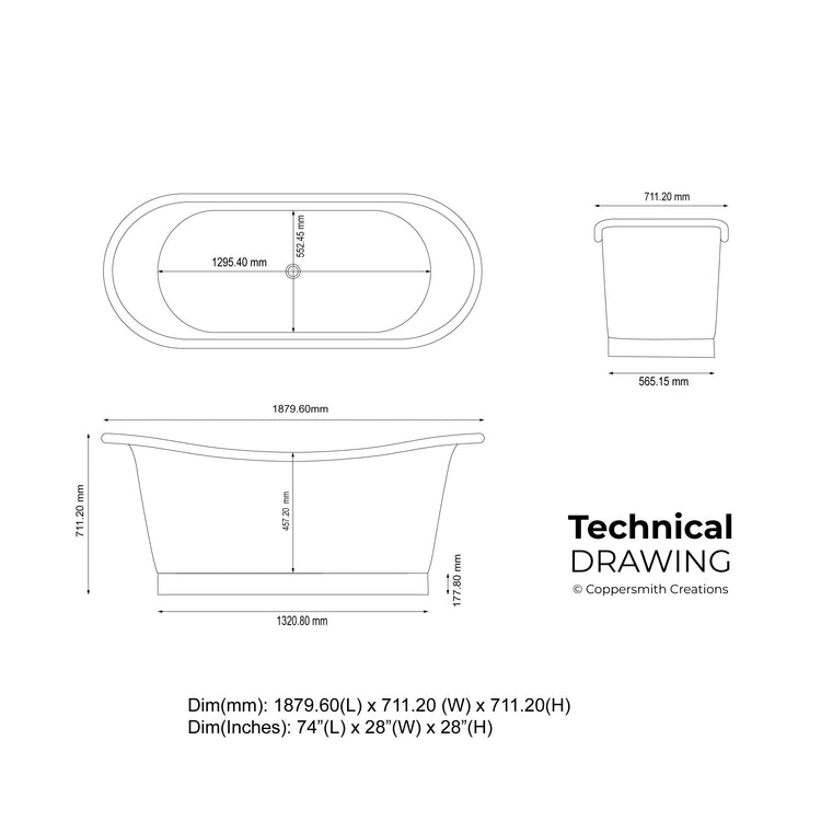 Straight Base Copper Bathtub Nickel Inside Big Size 74x28x28